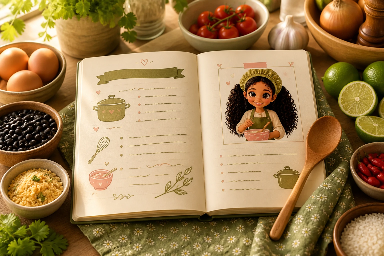 Caderno de receitas aberto ao lado de ingredientes frescos