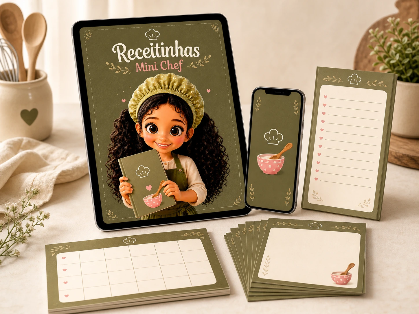 Kit digital Receitinhas Mini Chef em celular, tablet e fichas de receita
